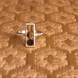 Ona Chan Brushed Gold Rectangular, Three Circles Tiger's Eye Stone Ring, Size 7